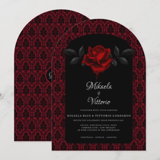 Gothic Red Damask Rose Wedding Kaart (Voorkant / Achterkant)