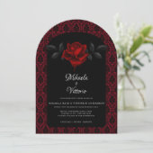 Gothic Red Damask Rose Wedding Kaart (Staand voorkant)