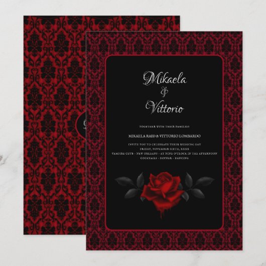 Gothic Red Damask Rose Wedding Kaart (Voorkant / Achterkant)