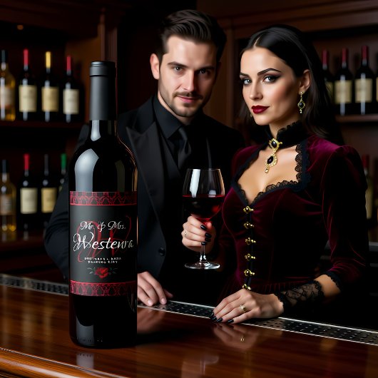 Gothic Red Damask Rose Wedding Wijn Etiket