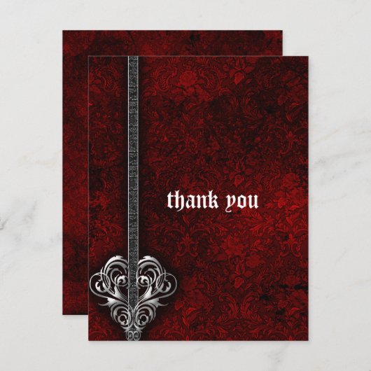 Gothic Red Damask Silver Heart bruiloft Hartelijk Bedankkaart (Voorkant / Achterkant)