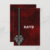 Gothic Red Damask Silver Heart bruiloft RSVP (Voorkant / Achterkant)