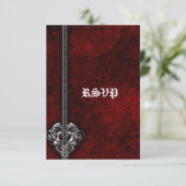 Gothic Red Damask Silver Heart bruiloft RSVP Aange (Staand voorkant)