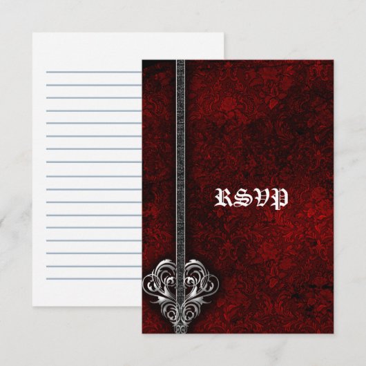 Gothic Red Damask Silver Heart bruiloft RSVP Aange Kaartje (Voorkant / Achterkant)