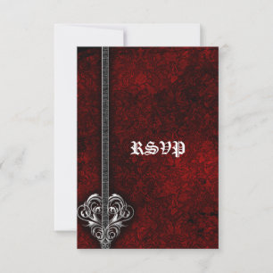 Gothic Red Damask Silver Heart bruiloft RSVP Aange Kaartje