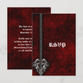 Gothic Red Damask Silver Heart bruiloft RSVP Kaartje (Voorkant / Achterkant)