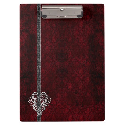 Gothic Red Damask Silver Heart Klembord (Voorkant)