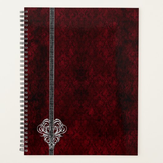 Gothic Red Damask Silver Heart Planner (Voorkant)