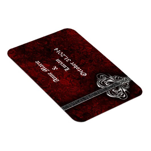 Gothic Red Damask Silver Heart slaat de datum op Magneet (Rechterzijde)