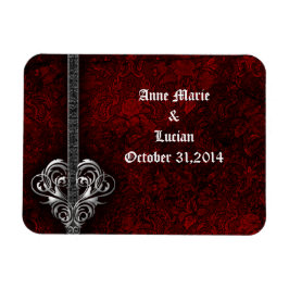 Gothic Red Damask Silver Heart slaat de datum op Magneet