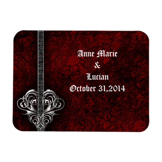 Gothic Red Damask Silver Heart slaat de datum op Magneet (Horizontaal)