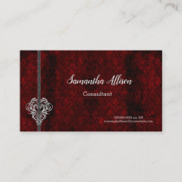 Gothic Red Damask Silver Heart Visitekaartje