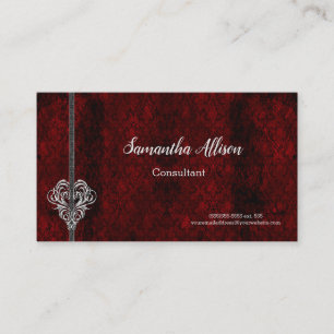 Gothic Red Damask Silver Heart Visitekaartje