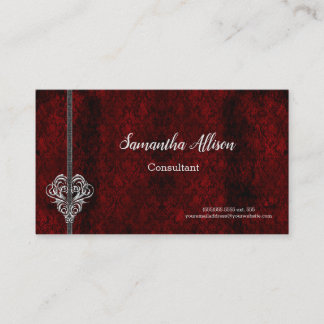 Gothic Red Damask Silver Heart Visitekaartje