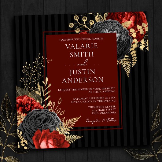 Gothic Red en Black Floral Budget Wedding Kaart