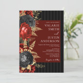 Gothic Red en Black Floral Wedding Kaart (Staand voorkant)