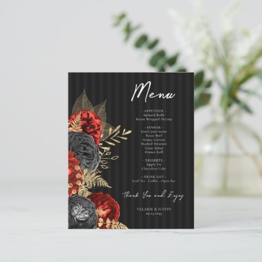 Gothic Red en Black Floral Wedding Menu Flyer (Staand voorkant)
