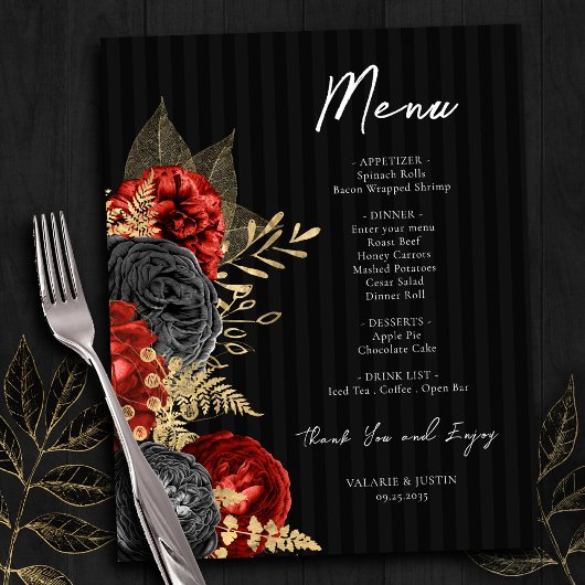 Gothic Red en Black Floral Wedding Menu Flyer