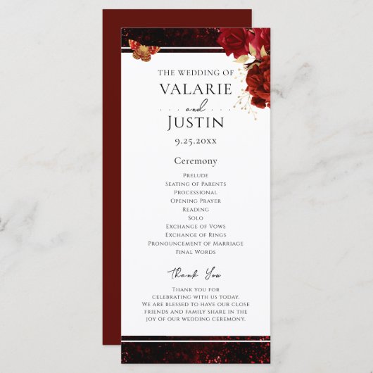 Gothic Red en Black Floral Wedding Programme Programmakaart (Voorkant / Achterkant)
