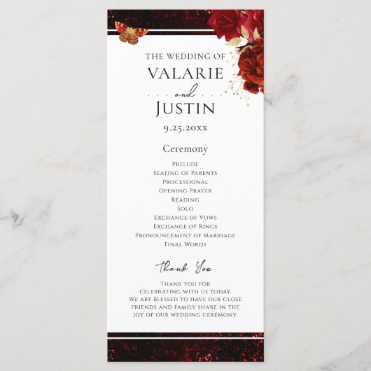 Gothic Red en Black Floral Wedding Programme Programmakaart (Voorkant)