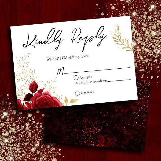 Gothic Red en Black Floral Wedding RSVP Kaart