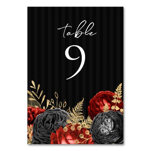 Gothic Red en Black Floral Wedding Table Number Kaart (Voorkant)