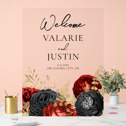 Gothic Red en Black Floral Welcome Wedding Acryl Bord (Huwelijk)