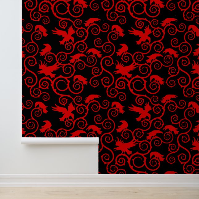 Gothic Red en Black Raven Victoriaans Gothic Home Behang (Applicatie)
