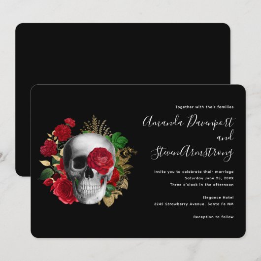 Gothic Red Floral Skull & Gold Leaves Kaart (Voorkant / Achterkant)