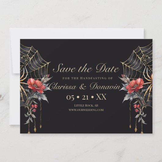 Gothic Red & Gold Floral Spider Web Handfasting Save The Date (Voorkant)