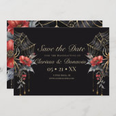 Gothic Red & Gold Floral Spider Web Handfasting Save The Date (Voorkant / Achterkant)