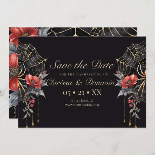 Gothic Red & Gold Floral Spider Web Handfasting Save The Date (Voorkant / Achterkant)