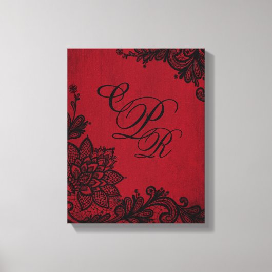 Gothic Red Grunge Black Lace Weddenemonogram Canvas Afdruk (Voorkant)