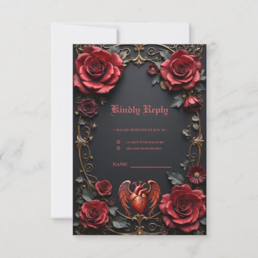 Gothic Red Heart with Roses – Dark Romantic RSVP Kaartje (Voorkant)