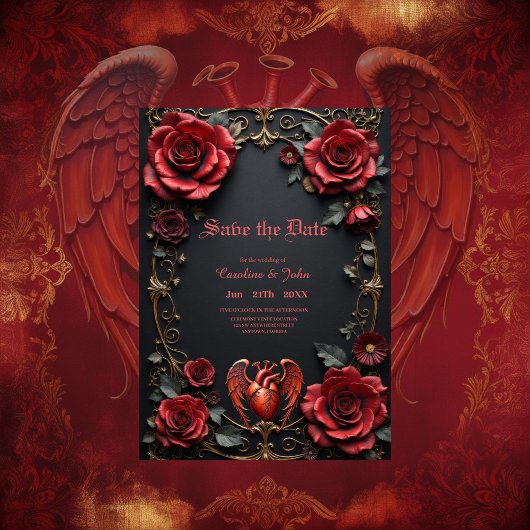 Gothic Red Heart with Roses – Dark Romantic  Save The Date