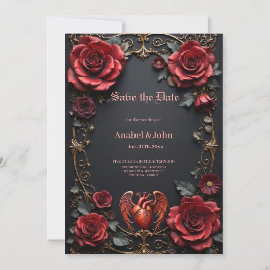 Gothic Red Heart with Roses – Dark Romantic  Save The Date (Voorkant)