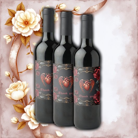 Gothic Red Heart with Roses – Dark Romantic Wijn Etiket