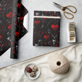 Gothic Red Hearts and Gray Skulls Cadeaupapier