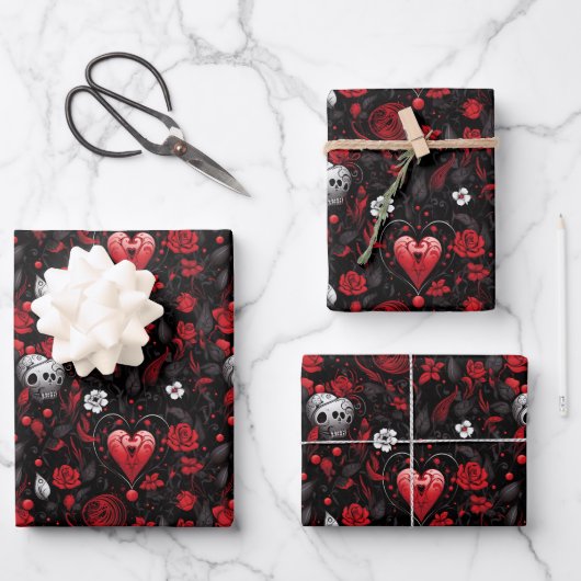 Gothic Red Hearts and Roses  Inpakpapier Vel (Voorkant)