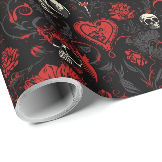Gothic Red Hearts and Skulls Cadeaupapier (Rol Hoek)