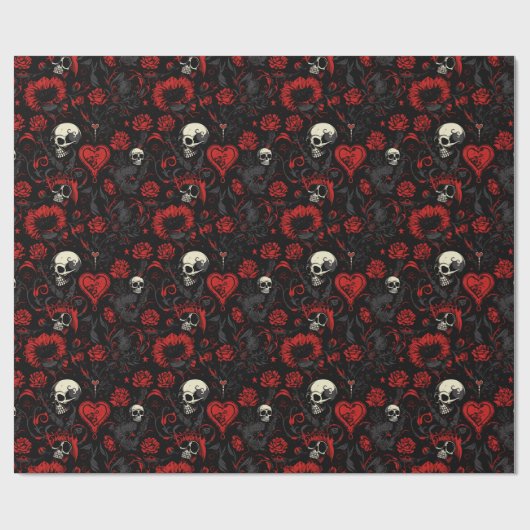 Gothic Red Hearts and Skulls Cadeaupapier (Vlak)