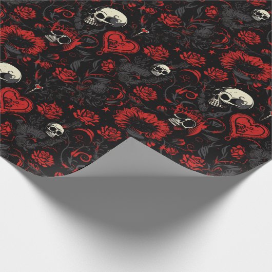 Gothic Red Hearts and Skulls Cadeaupapier (Hoek)