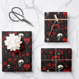 Gothic Red Hearts Black Flowers and Skulls Inpakpapier Vel