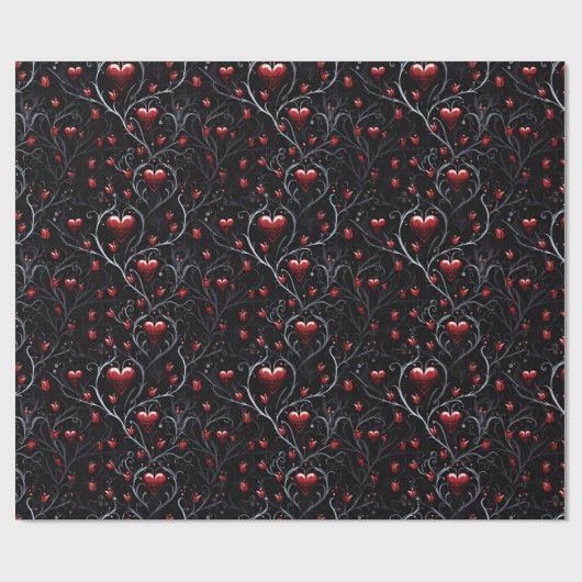 Gothic Red Hearts Gray Metal Fine Lines Cadeaupapier (Vlak)