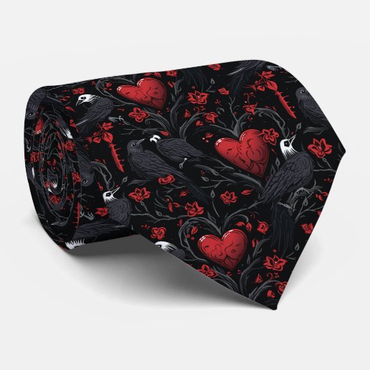 Gothic Red Hearts Red Flowers and Crows Stropdas (Opgerold)