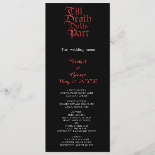 Gothic Red Metallic Script op zwart menu (Voorkant)