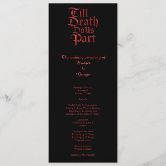 Gothic Red Metallic Script op zwart menu (Achterkant)