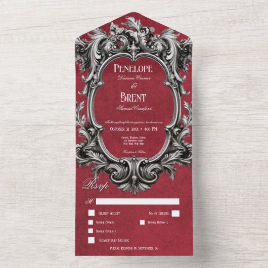 Gothic Red Moody Victoriaans Lijst Diner All In One Uitnodiging (Binnen)