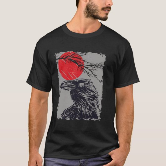 Gothic Red Moon Black Crow T-shirt (Voorkant)