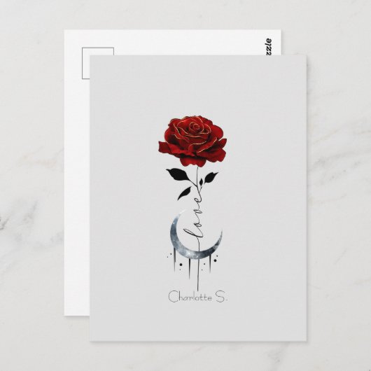 Gothic Red Rose en Crescent Moon with Love Briefkaart (Voorkant / Achterkant)